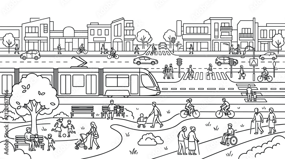 Fototapeta premium Urban park scene with people enjoying activities and city transportation.