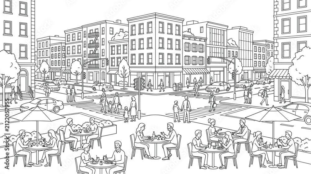 Obraz premium City street scene with people walking and dining at outdoor cafe tables.