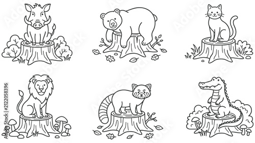 Canvas Print Cute wild animal coloring page set with boar bear cat lion and panda