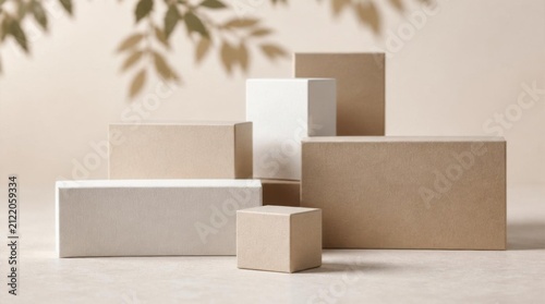 Minimalist product podium stages with white and brown boxes for cosmetics