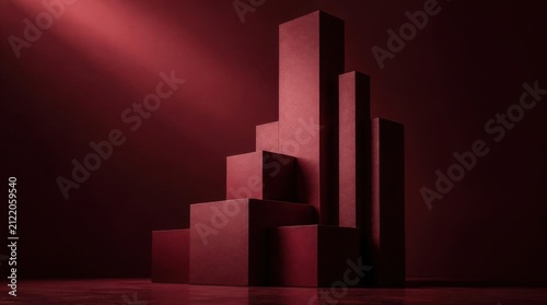 Minimalist red geometric podium blocks staged for product display in studio