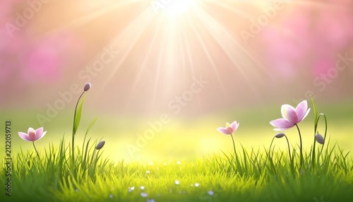 Sunny spring meadow with blooming flowers