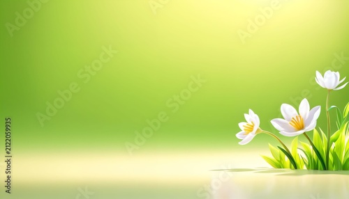 Minimal green spring background with daisies