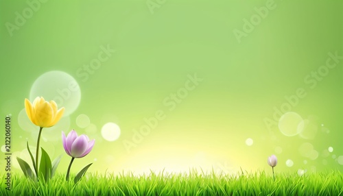 Fresh spring lawn with colorful flowers