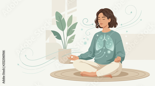 Woman Meditating, Deep Breathing, Healthy Lungs, Calm Mind, Transparent Background