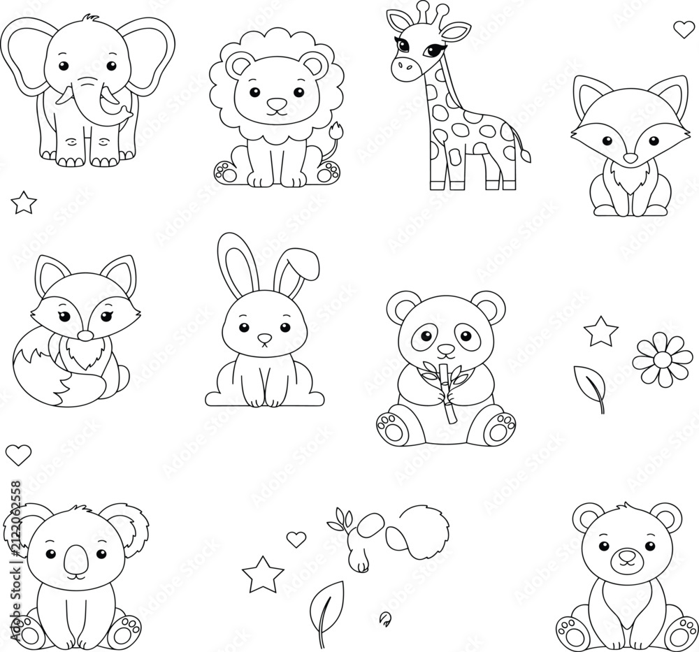 Obraz premium Black and white coloring page featuring cute baby animals and decorative shapes