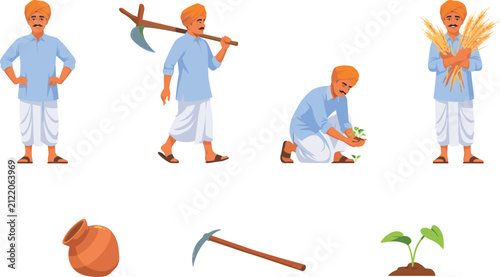 Indian Farmer Character Vector Set with Rural Asian Man Harvesting Wheat, Carrying Plow, and Planting Crops for Agriculture Graphic Designs