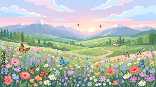 Beautiful spring landscape with colorful wildflowers blooming in a meadow with mountains in the background.