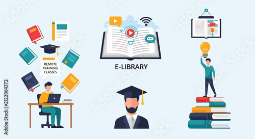 Diverse digital learning tools and resources for e-library concept.