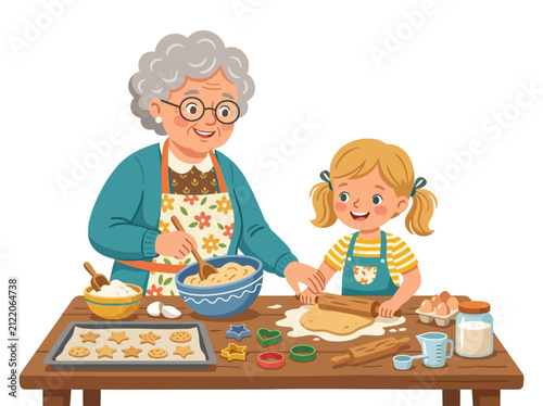 Grandmother Teaching Granddaughter Baking Cookies Together.