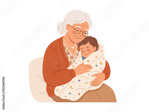 Elderly Man Holding Sleeping Baby Gently.