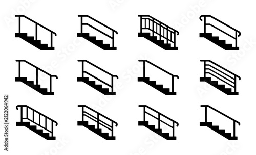 Staircase Handrail Icons Set, Architectural Steps and Railing Vector Graphics, Modern Building Elements Collection