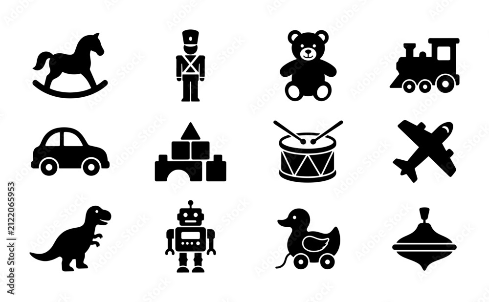 Fototapeta premium Vector Toy Icons Set: Classic Playthings Collection, Children's Entertainment Graphics, Retro Childhood Play Objects, Simple Black Silhouette Graphics