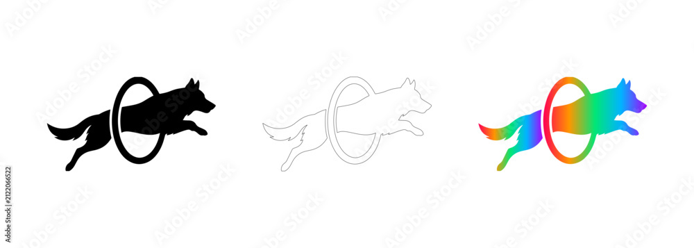 Fototapeta premium Dog jumping through hoop icon set silhouette line art colorful vector illustration