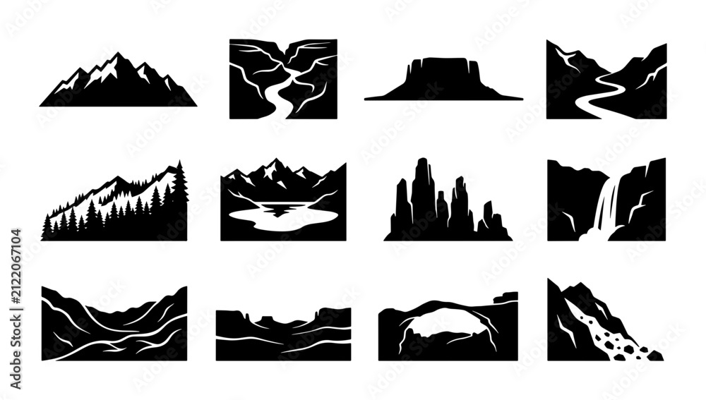 Fototapeta premium Diverse Landscape Silhouettes Vector Pack: Mountain Ranges, Rivers, Canyons, Waterfalls, Arches, and Forests for Nature Graphics and Outdoor Design