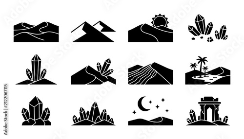 Canvastavla Desert Landscape Icons, Crystal Formations, Ancient Ruins, and Celestial Elements Vector Set