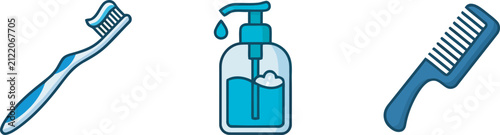 Personal hygiene and grooming icons including toothbrush soap and comb
