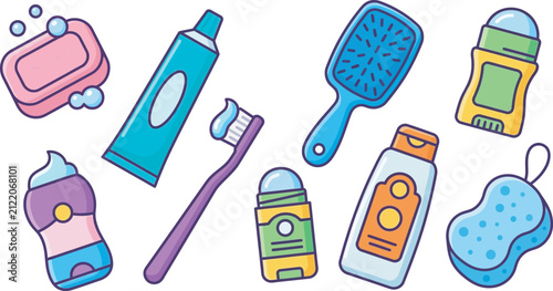 Set of colorful bathroom hygiene and personal care vector icons collection