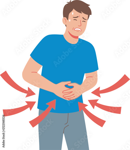 Man suffering from stomach ache with red arrows pointing to abdominal pain