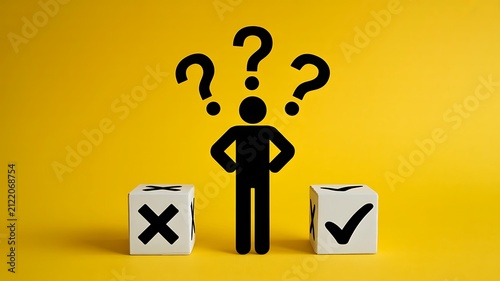 Obraz na płótnie Decision making concept with question marks and approval rejection symbols representing evaluation choice and problem solving