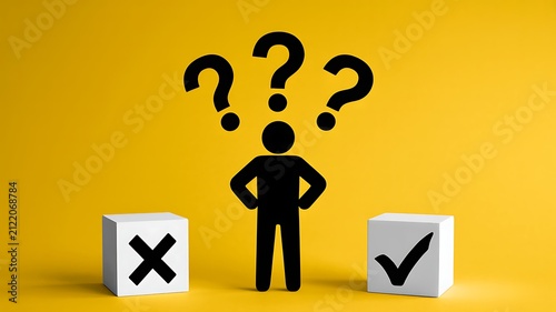 Obraz na płótnie Decision making concept with question marks and approval rejection symbols representing evaluation choice and problem solving