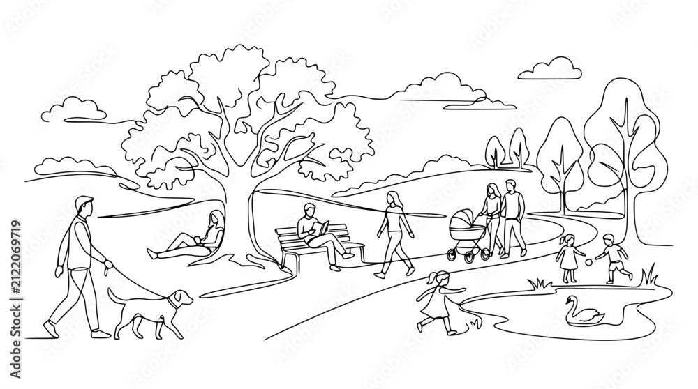 Naklejka premium Continuous line drawing of people enjoying outdoor activities in a public park landscape