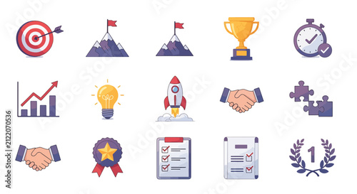 Vector illustration of diverse business and productivity icons.