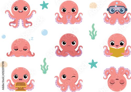 Cute pink octopus character emoji vector set with diverse expressions, emotions, activities like snorkeling, reading, sleeping, and treasure hunting for kids designs
