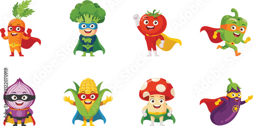 Cute superhero vegetable characters vector icon set with carrot broccoli tomato pepper onion corn mushroom and eggplant in capes for kids nutrition designs