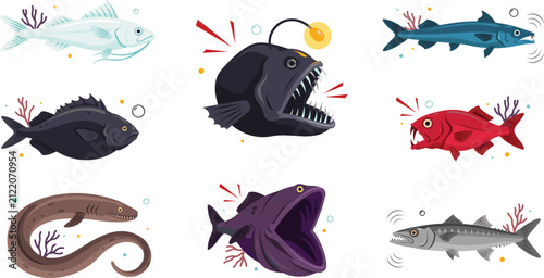 Фотография Deep sea predatory fish vector icon set with terrifying anglerfish moray eel bar