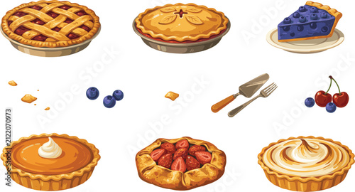 Delicious sweet pie and tart vector element set with cherry lattice crust blueberry slice pumpkin tart strawberry galette lemon meringue and baking utensils