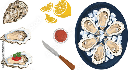 Принти на полотні Fresh raw oysters seafood vector icon set with lemon slices, shucking knife, coc