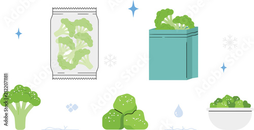 Frozen broccoli vegetable vector icon set with packaging bags florets chopped pieces bowl and frost symbols for grocery store and food storage designs