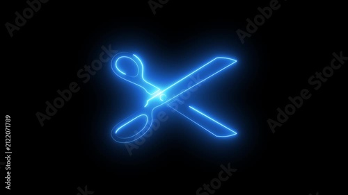 Blue Glowing Neon Scissors Tool Animated Icon Motion Graphics Stock Overlay Isolated Black Background Hair Salon Tailor Barber Cut Symbol.