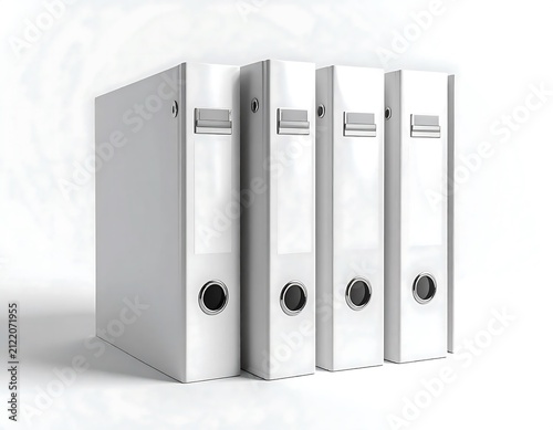 White office binders standing in a row on a white background.
