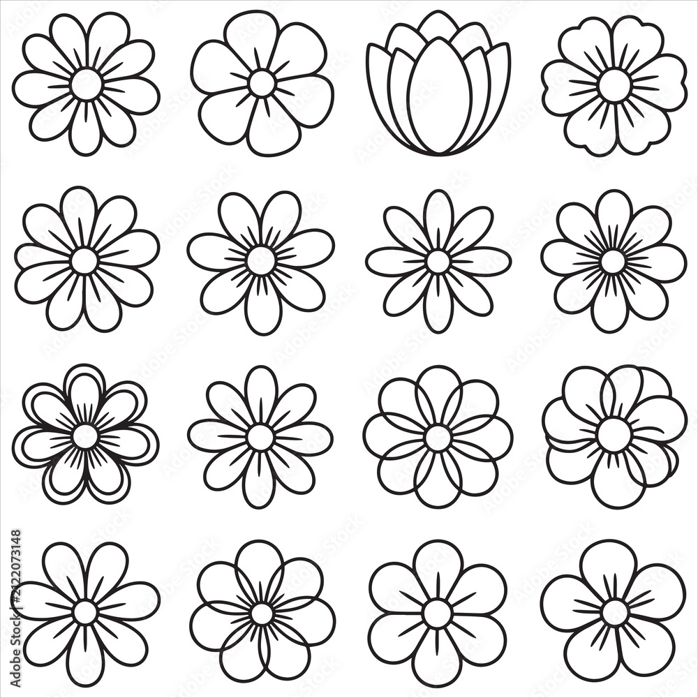 Fototapeta premium Set of various hand drawn flower icons isolated on white background for coloring book or design