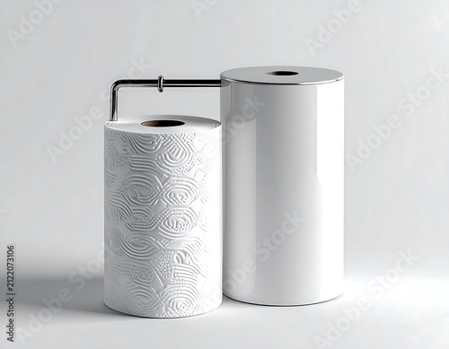 White paper towels and toilet paper rolls on plain background.