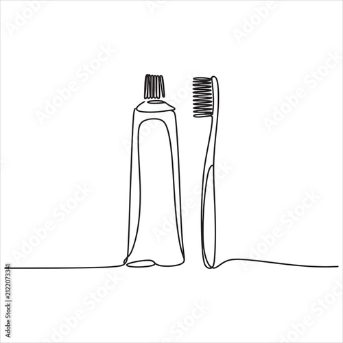 Continuous line drawing of a toothbrush and a tube of toothpaste isolated on a white background