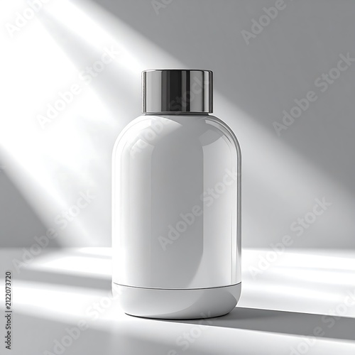 White plastic bottle with black cap on light surface.