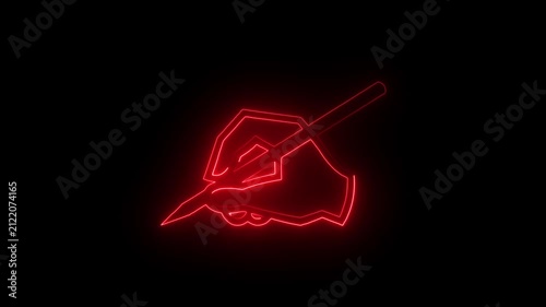 Red Glowing Neon Hand Writing with Pencil Pen Animated Icon Motion Graphics Stock Overlay Isolated Black Background Drawing Sketch Sign.