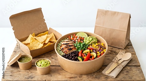 Healthy mexican food bowl with chicken and vegetables with nachos in a takeaway paper box. mexican takeout