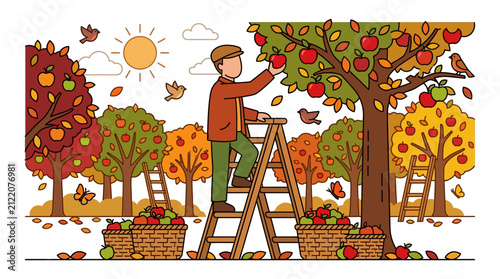 Man harvesting apples from a tree in orchard.