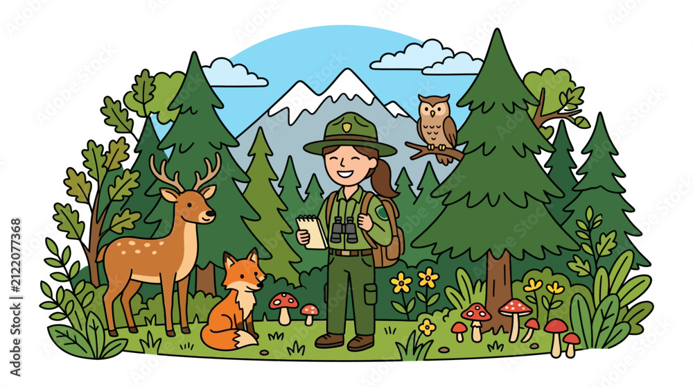 Fototapeta premium Young girl explorer in forest with deer and owls.