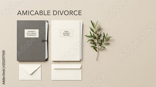 An amicable divorce concept represented by a property settlement agreement and a final divorce decree on a beige table