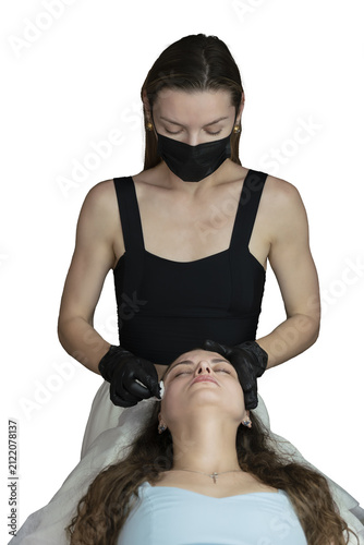 woman lies in an armchair, receiving a massage after a cosmetic injection, relaxing after a rejuvenation procedure, isolated object on transparent background, png