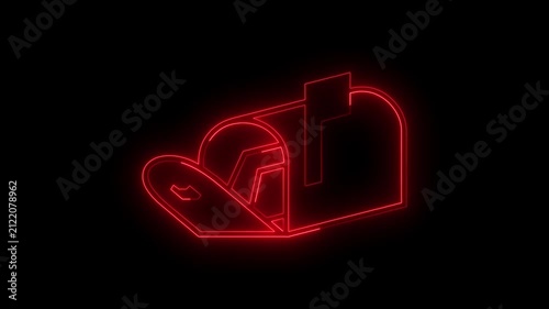 Red Glowing Neon Mailbox Postbox Animated Icon Motion Graphics Stock Overlay Isolated Black Background Email Letter Delivery Message Symbol.