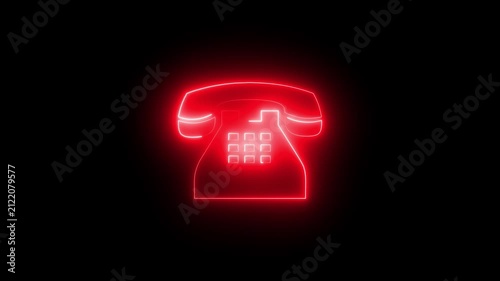Red Glowing Neon Vintage Telephone Landline Animated Icon Motion Graphics Stock Overlay Isolated Black Background Call Contact Support Symbol.