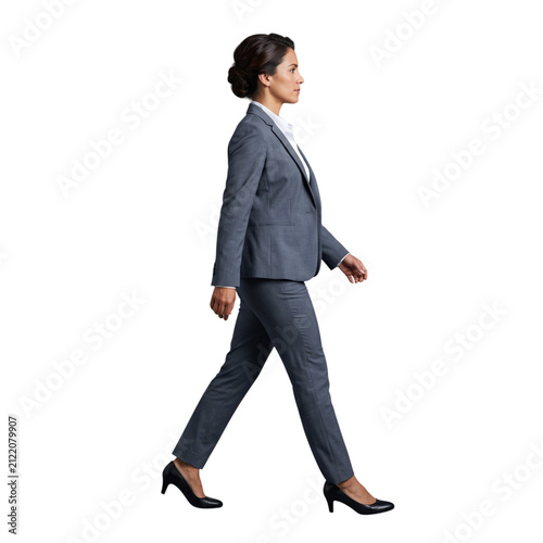 Full body side view of a Hispanic businesswoman walking in gray formal suit