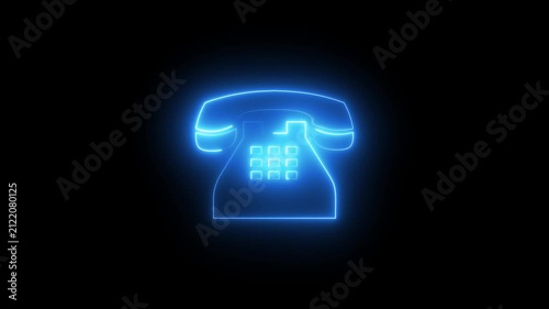 Blue Glowing Neon Vintage Telephone Landline Animated Icon Motion Graphics Stock Overlay Isolated Black Background Call Contact Support Symbol.