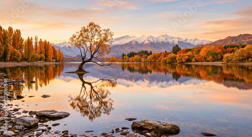 Golden Autumn Reflection: Wanaka Tree and Snowy Peaks at Sunset